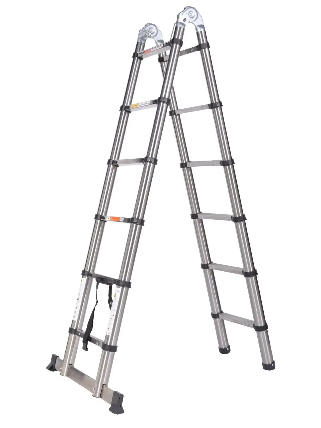 Teleskopleiter 1,9+1,9m Edelstahl mit Stabilisator, Ausziehbare Leiter 150kg Tragfähigkeit Klappleiter