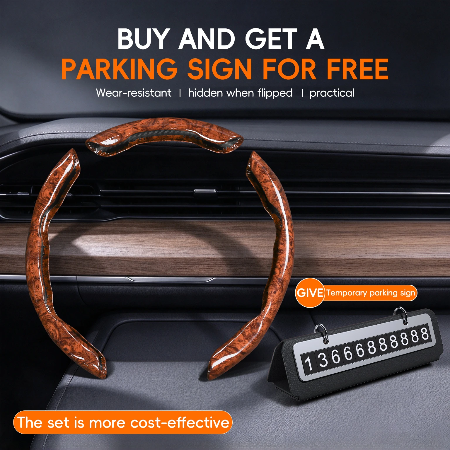Universal segmented car steering wheel decorative cover peach wood grain wear-resistant free parking number card