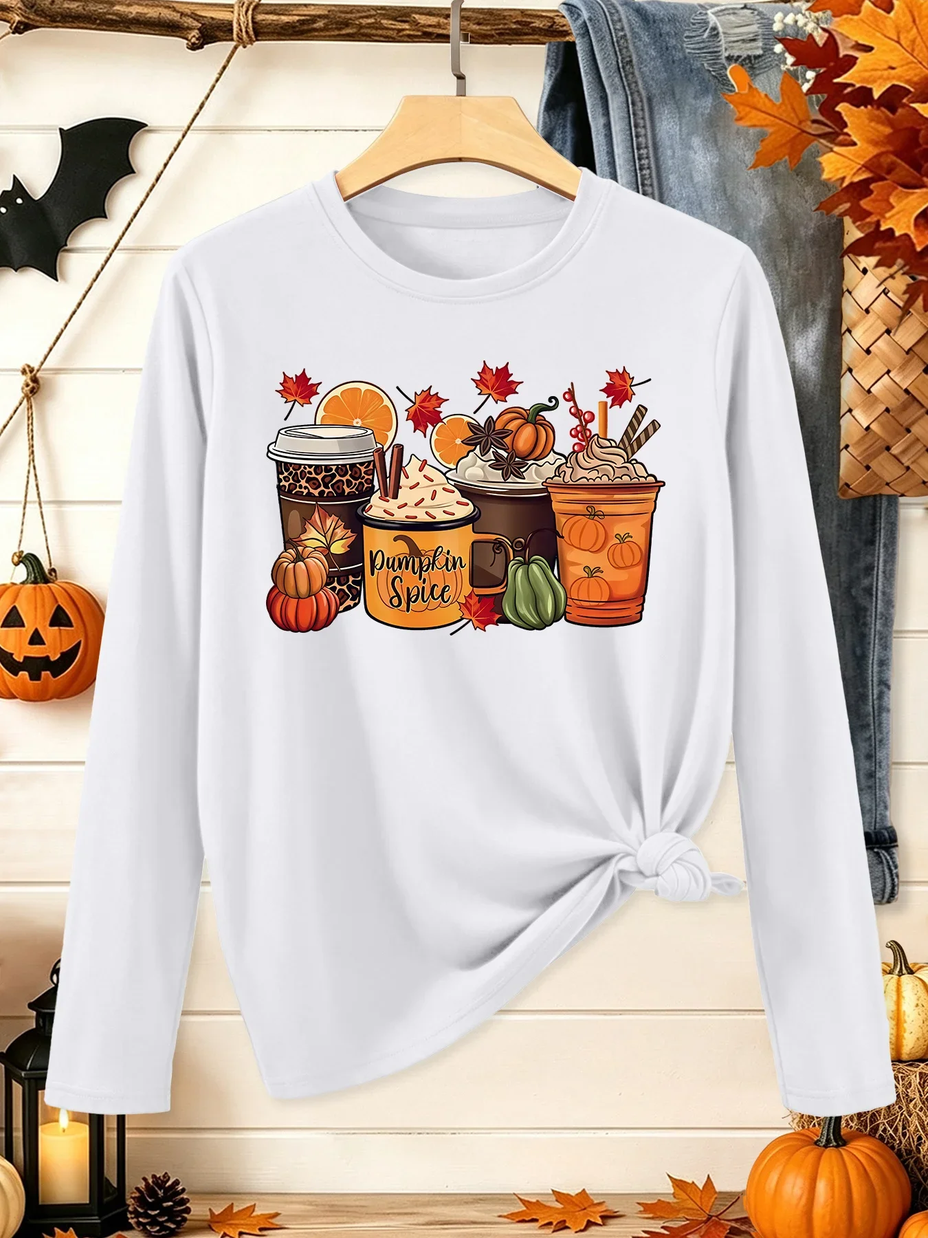 Women's Elegant Long Sleeve Gift Pumpkin Spice Pumpkin Autumn Drink Pattern Printed T Shirt Casual Y2k T-shirt Clothes Female