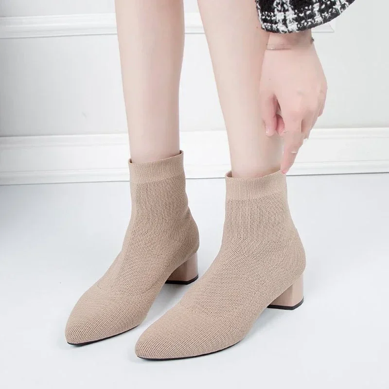 Woman Knitted Ankle Boots 2023 Autumn Winter Women‘s Casual Low Heel Pumps Ladies Outside Shoes Female Casual Chelsea Boots