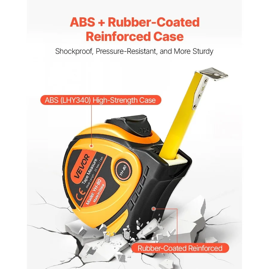 Ruban à mesurer 25 pieds, boîtier ABS métrique impérial rétractable pour la dration extérieure