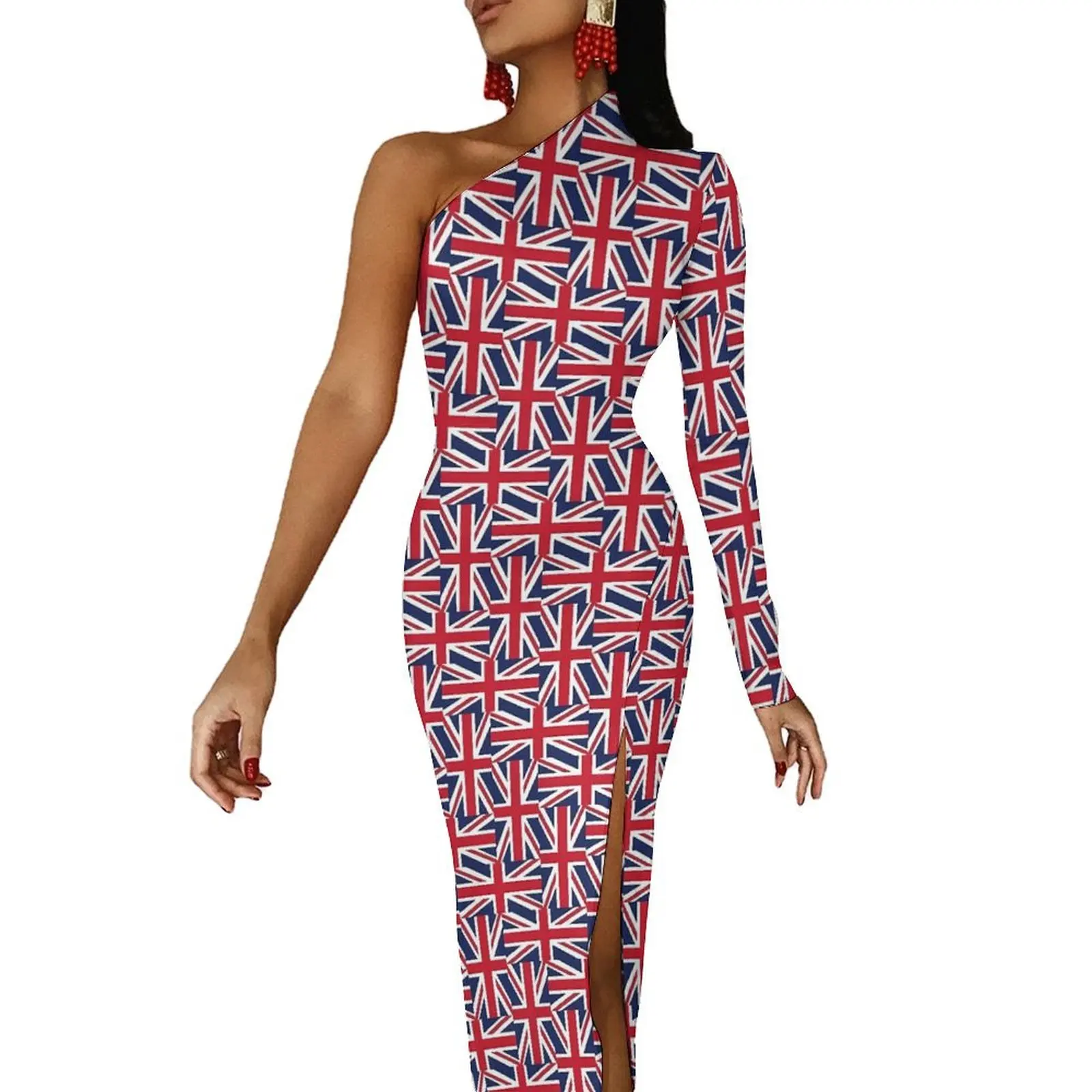 British Flag Bodycon Dress Autumn Red And Blue Trendy High Slit Long Dresses One Shoulder Custom Aesthetic Dress