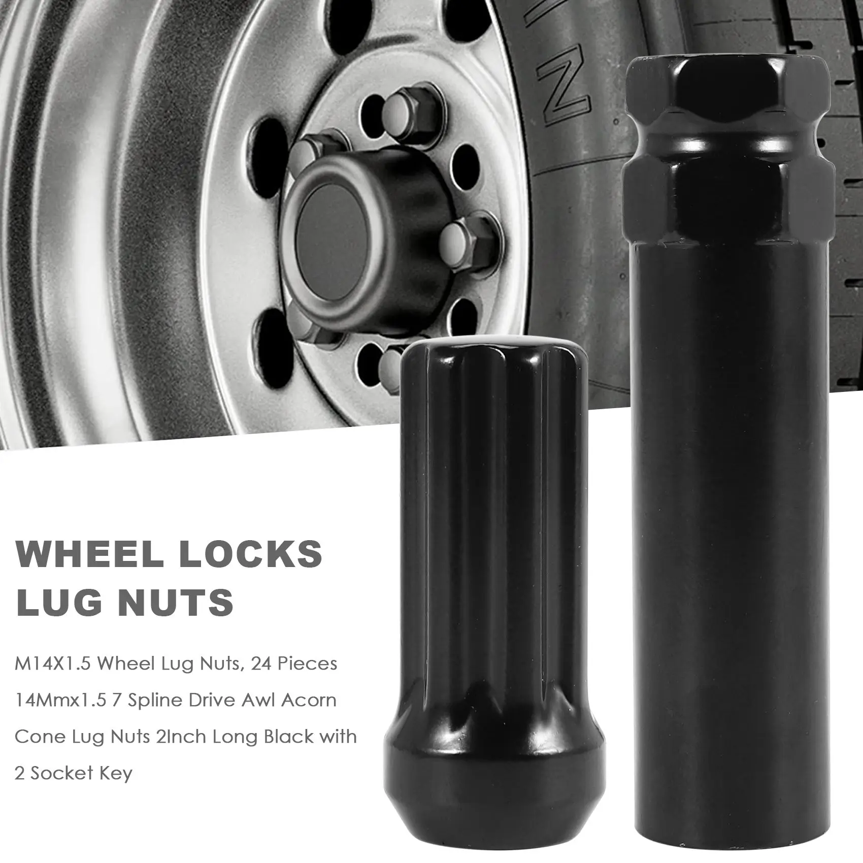 

J1UL1N M14X1.5 Wheel Lug Nuts, 24 Pieces 14Mmx1.5 7 Spline Drive Awl Acorn Cone Lug Nuts 2Inch Long Black With 2 Socket Key