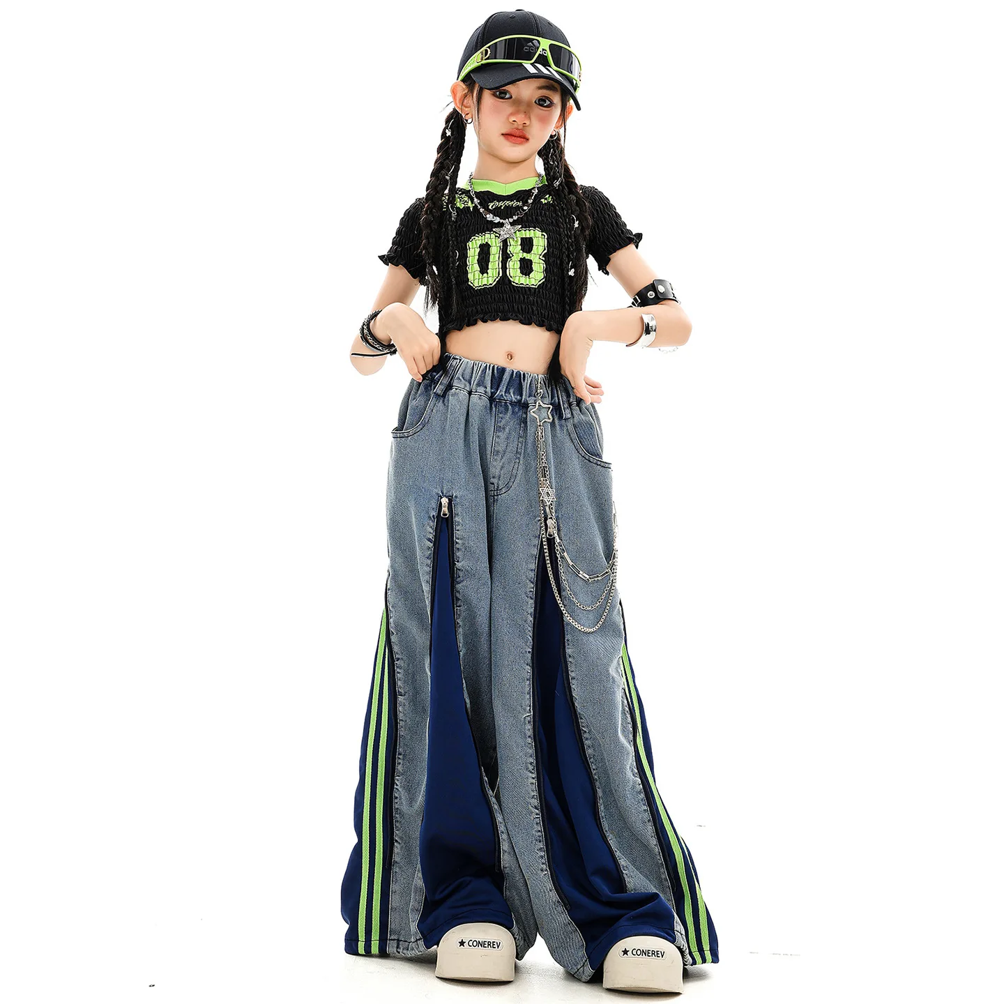 طفل Kpop الهيب هوب الملابس السوداء التجاعيد المحاصيل تي شيرت الدنيم الأزرق الشارع البريدي الجينز بنطال ذو قصة أرجل واسعة لفتاة أزياء رقص الملابس