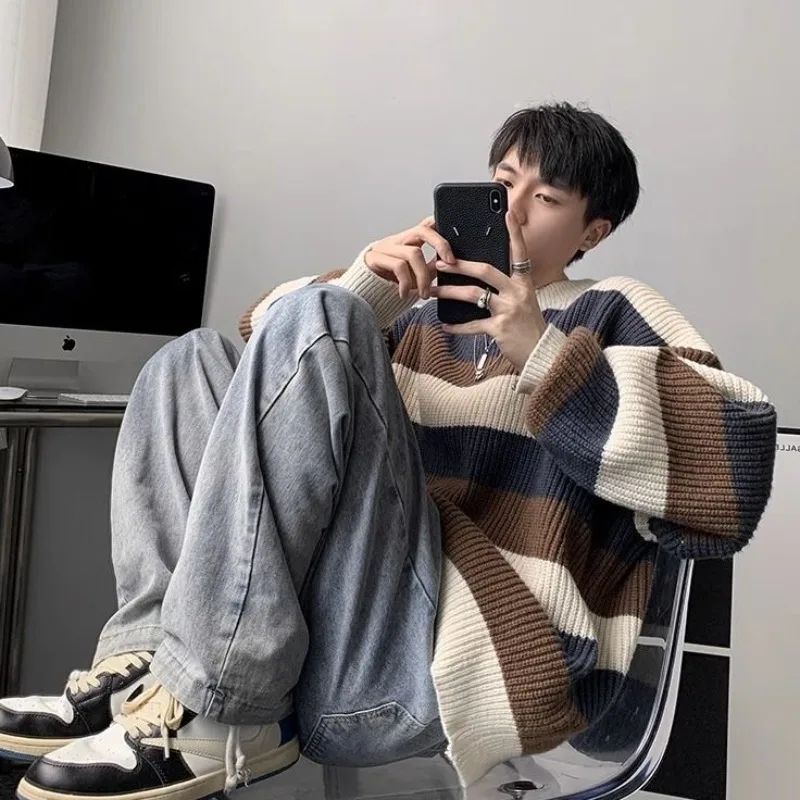 

Thick Men's Knit Sweater Striped Plus Big Size Loose Fit Knitwear Korean Style Y2k Streetwear Casual Woven Top Pullovers Male