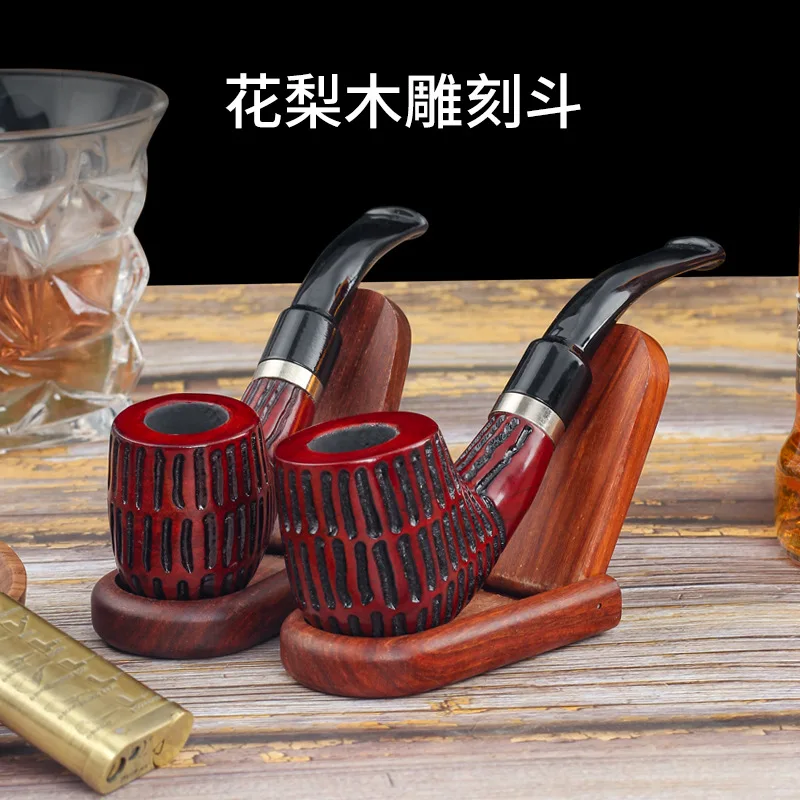 

Exquisite Carved Rosewood Pipe for Men Traditional Dry Tobacco9mmDetachable Curved Smoke Filter for Chimneys