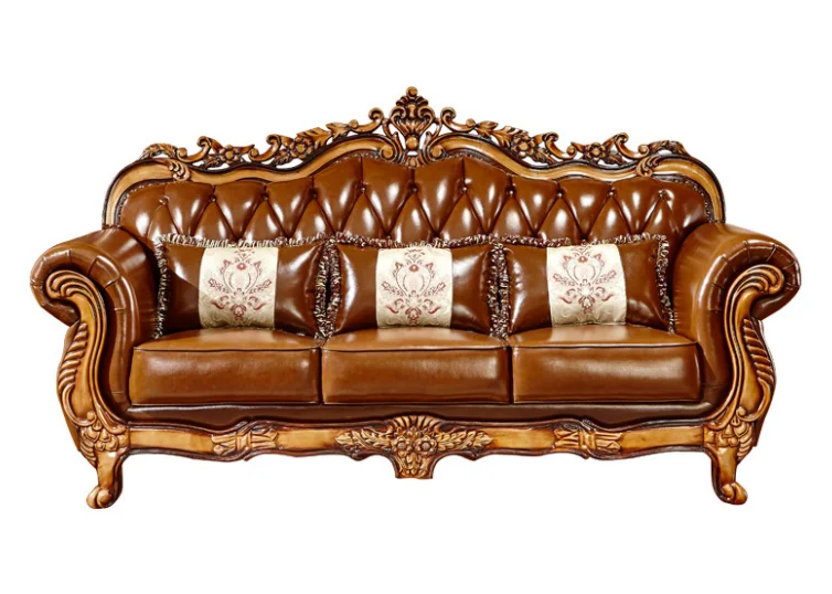 Solid Wood Cheap Low Price Home Furniture Royal Living Room Sofa Furniture, Golden Fabric Antique Set European Style Ivory 1set