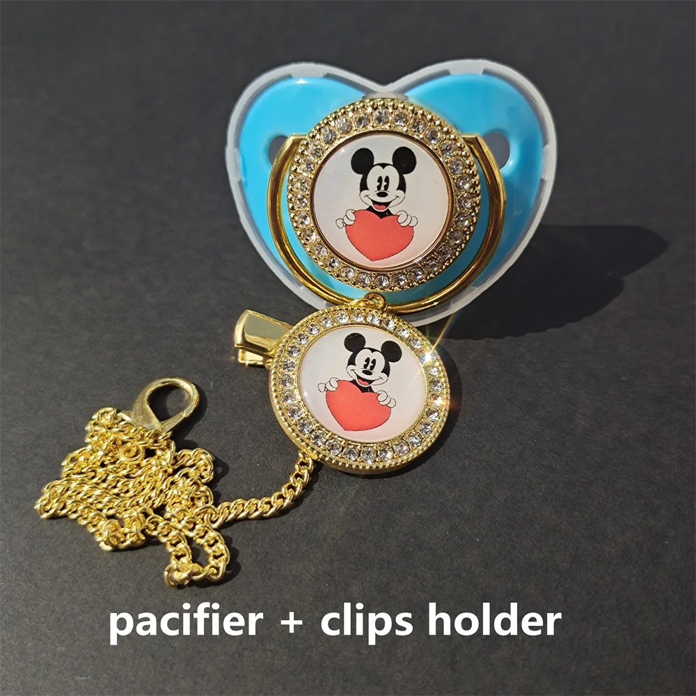 [1 Set] Disney Deluxe Mickey Pacifier with Chain Clip Bling Newborn Baby Girl Boy Pacifier Unique Baby Shower Gift Chupetes0-24M