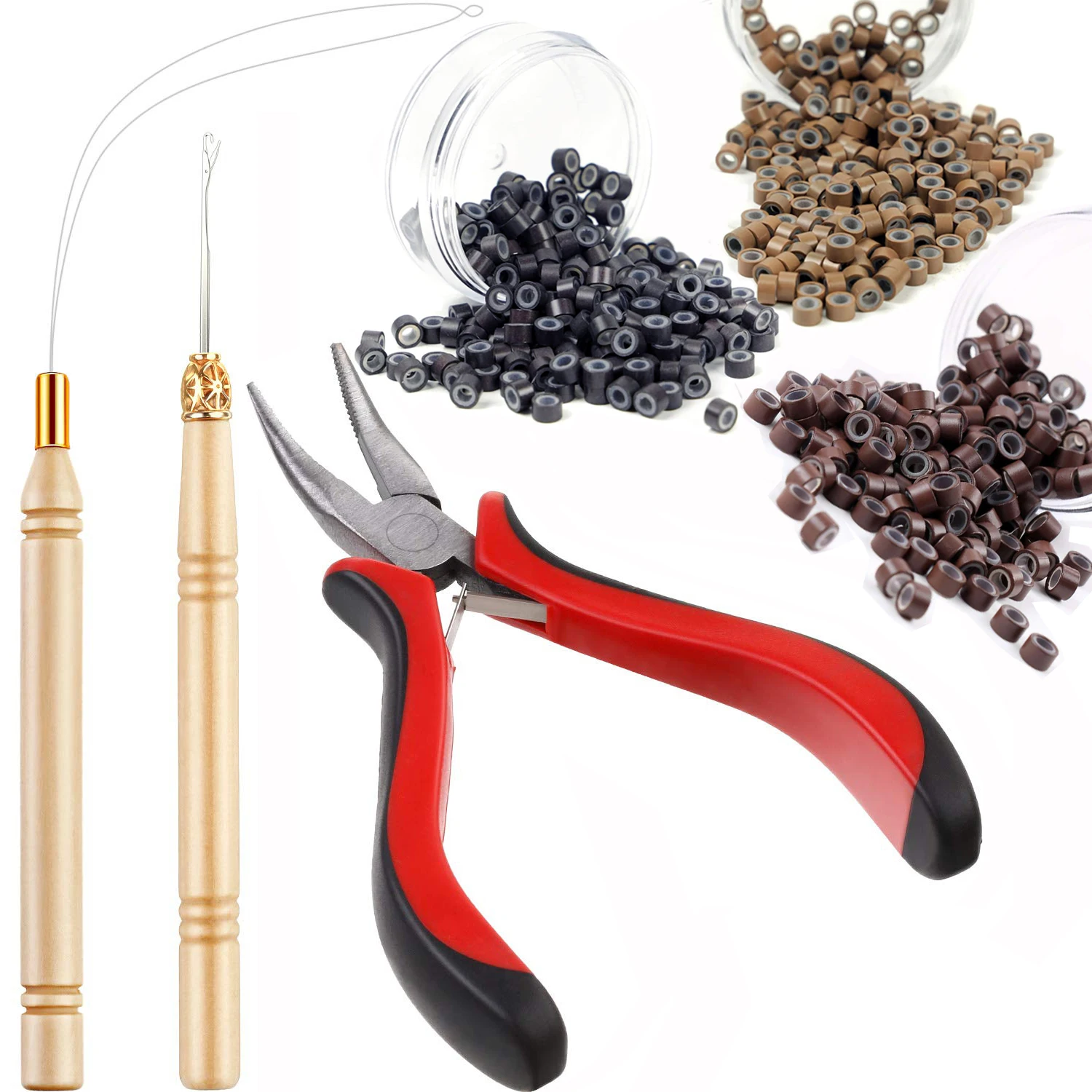 Hair Extensions Beads Tools Kit Extensions Micro Pulling Needle, Loop Threader and 200 Pieces Silicone Lined Micro Rings