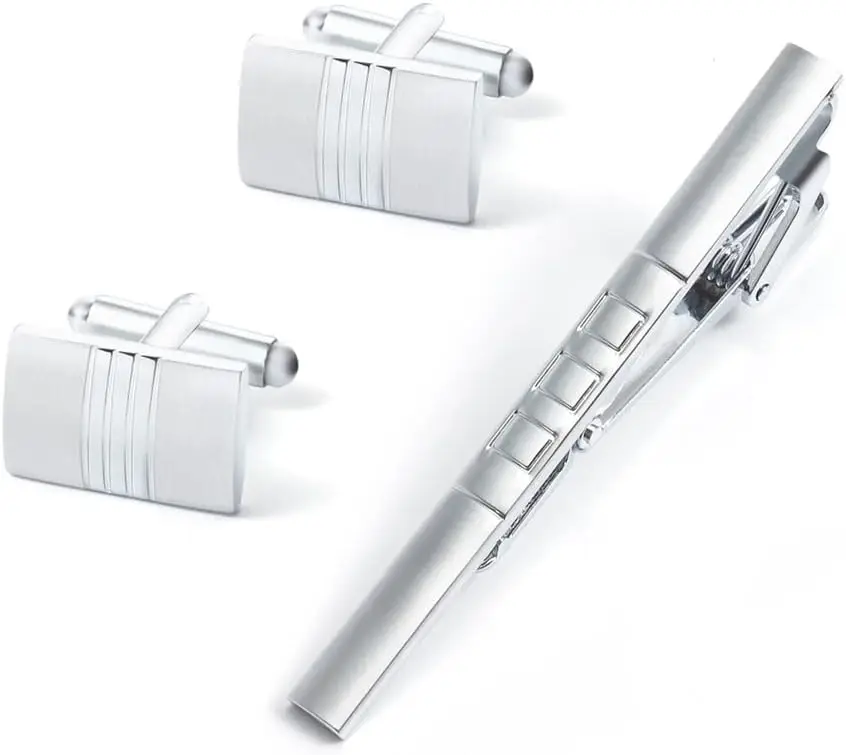 Silver Metal Cufflinks Tie Clip French Shirt Cufflinks Men's Tie Clip Set（ Including Gift Cufflink Box）