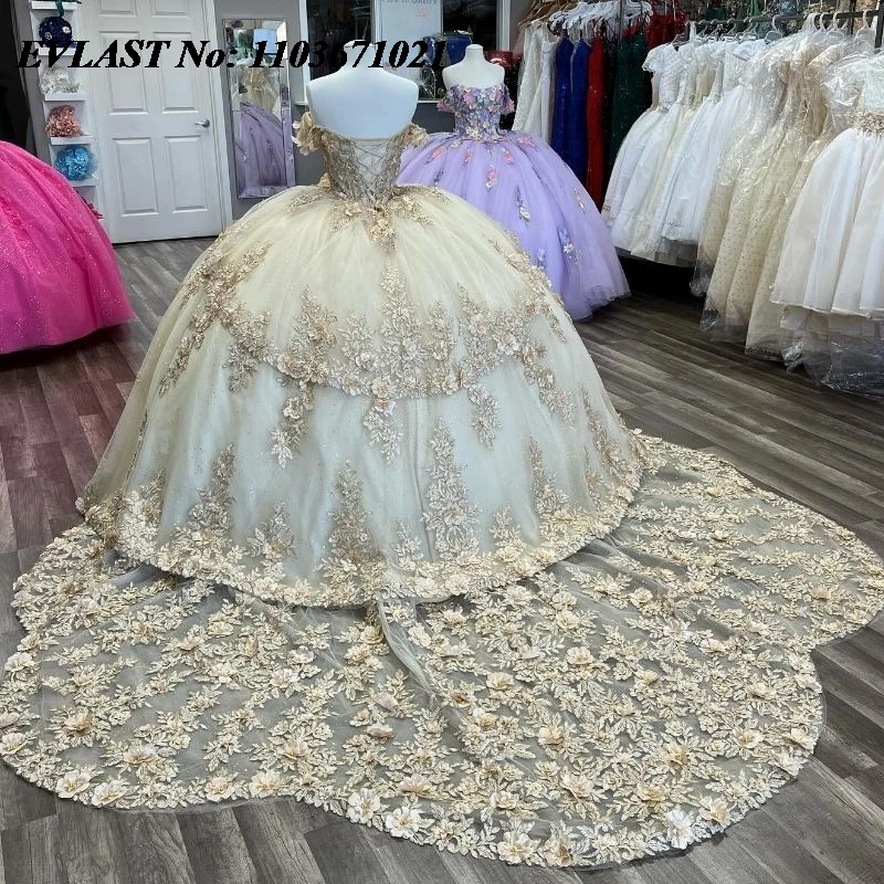 EVLAST-vestido De quinceañera con purpurina, Apliques De encaje, cristales De cuentas, dulce, 16 Vestidos De XV, 15 años, SQ107