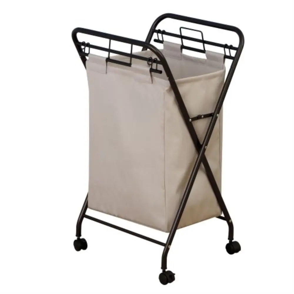 Cesto para Ropa Sucia con Ruedas 7172, Bolsa de Lona Resistente, Marco de Bronce Antiguo