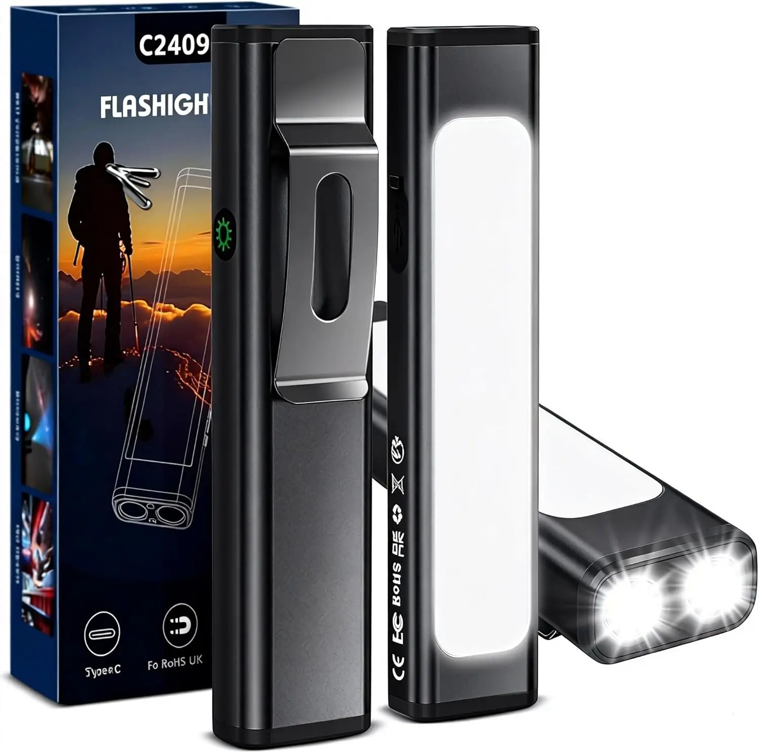 

EDC Rechargeable Flashlight 9 Modes Magnetic Portable with Cap Clip for Camping, Working, Emergency (2Pack)