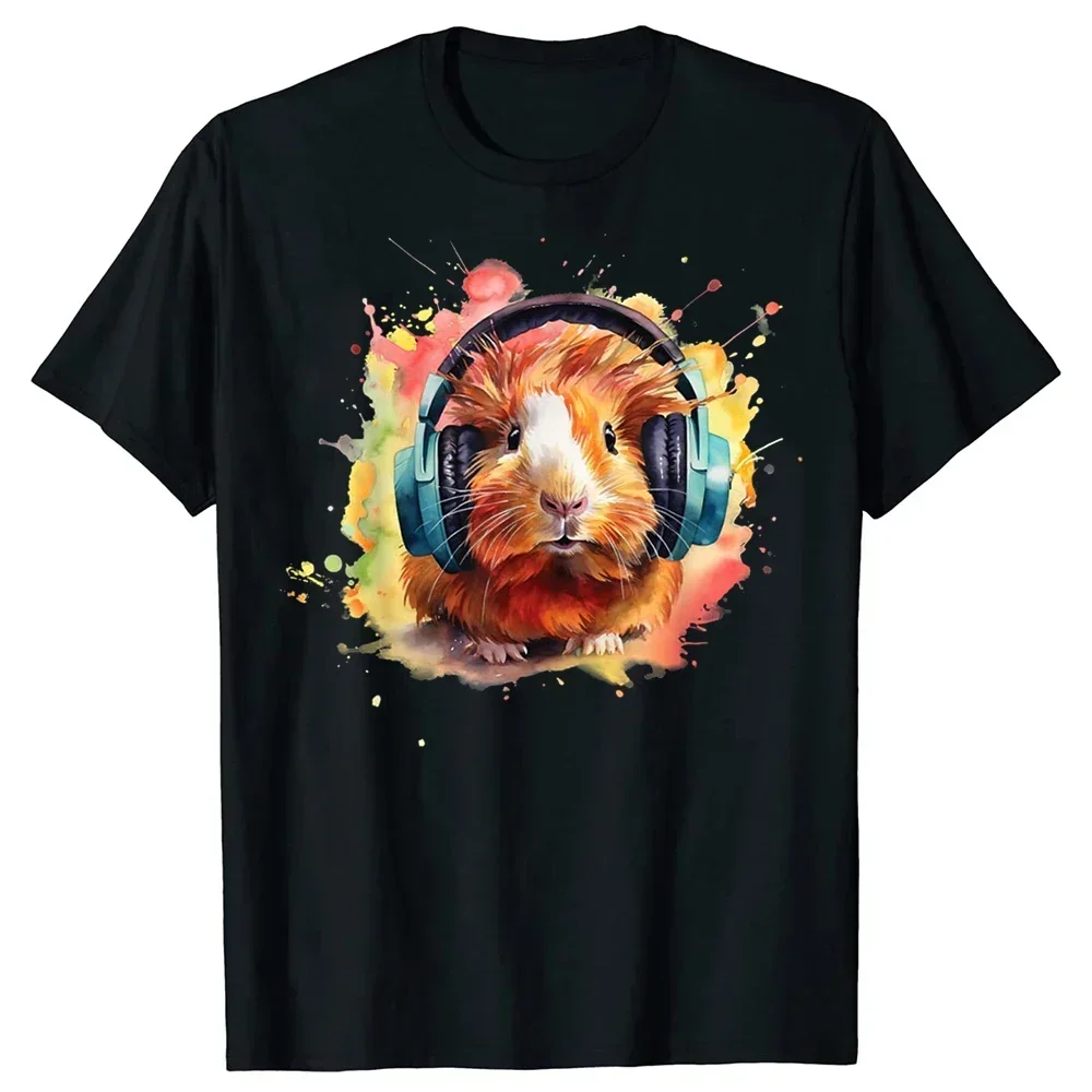 

Guinea Pig Headphones Watercolor Graphic Tee Casual Short Sleeve Round Neck Cotton T-Shirt