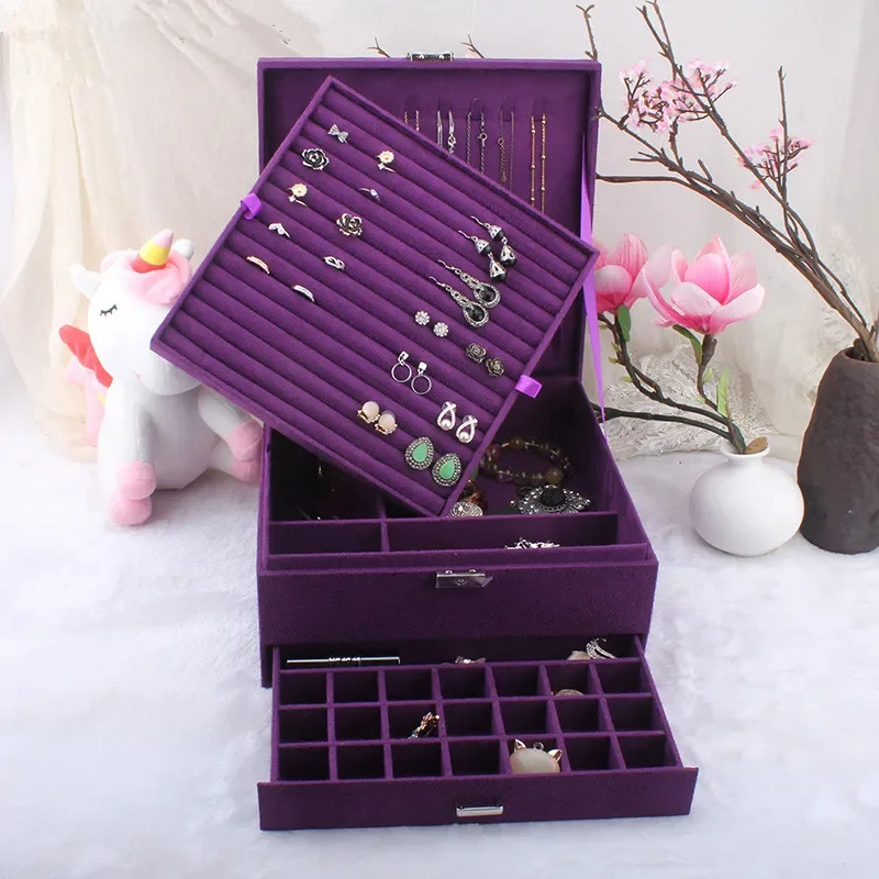 Large Capacity Multi-layer Drawer Jewelry Storage Box Bracelet Necklace Wooden Earrings Holder Double-layer Velvet Watch Case