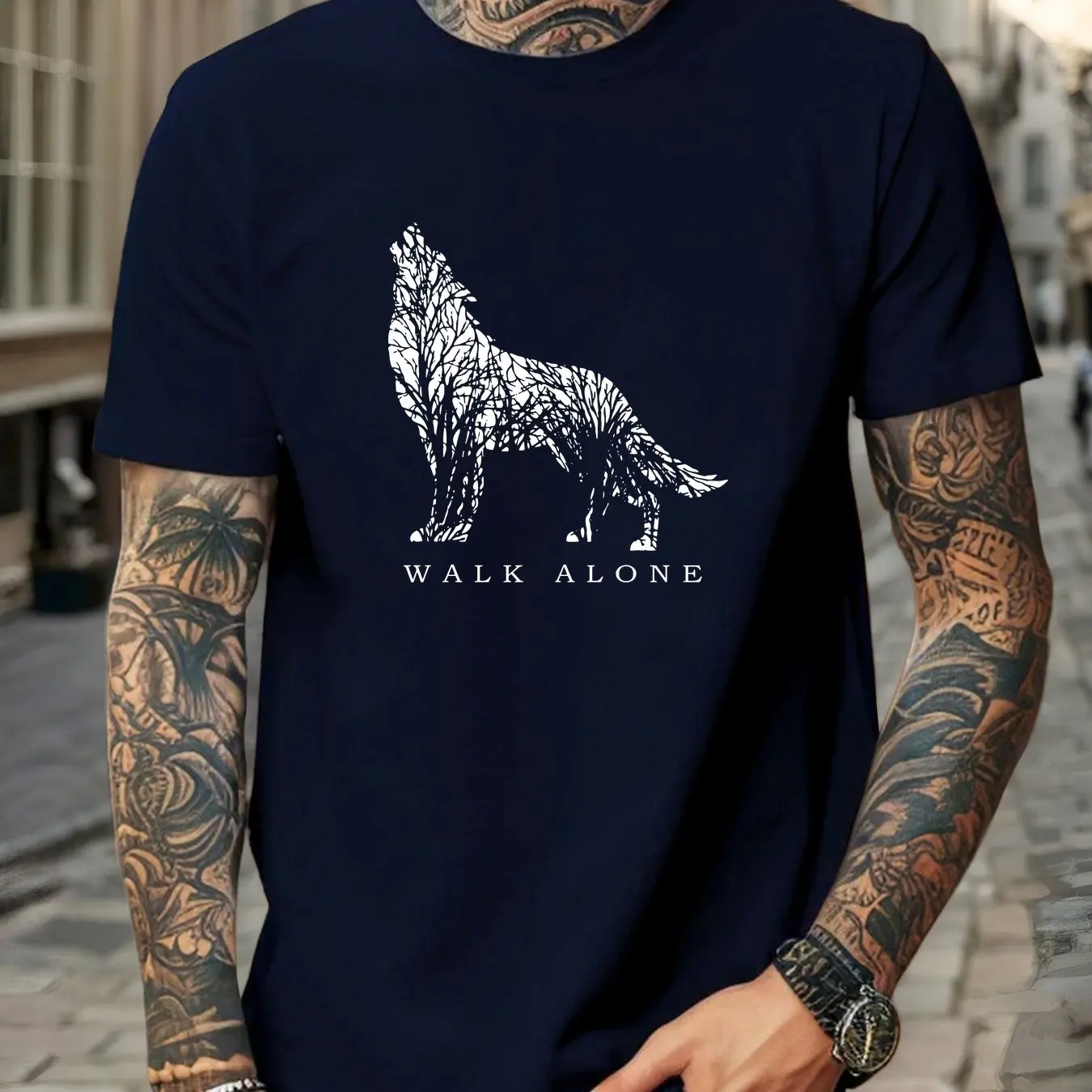 Men Wolf Pattern Cotton T-shirt - Casual Round Neck Short Sleeve Solo Design Summer Tee Summer Casual Wear Men Clothing