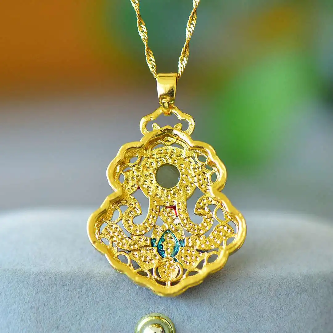 Tembaga bertatahkan dengan giok Hetian alami bunga menyenangkan🌸Kalung wanita liontin warna Enamel hadiah perhiasan