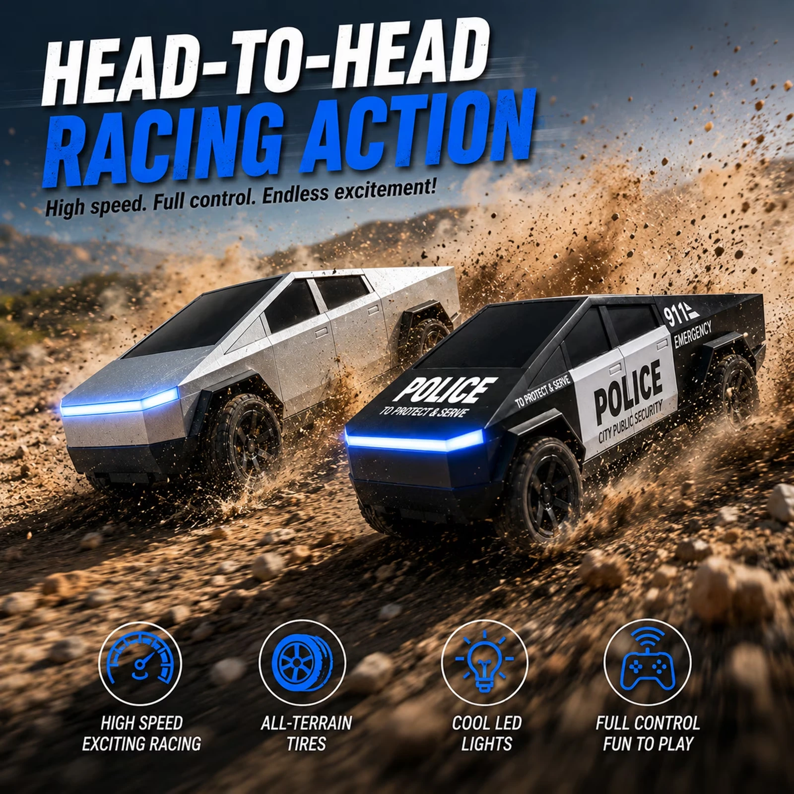 2PCS RC Cyber Truck Toys Remote Control Car Set Silver Pickup Police Truck LED Light Electric Racing Vehicle for Boys Girls Gift view 6