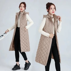 2024 New Autumn Winter Women's Vest Solid Hooded Long Puffer Vest Jacket Female Sleeveless Lightweigh Waistcoat Coats Trend