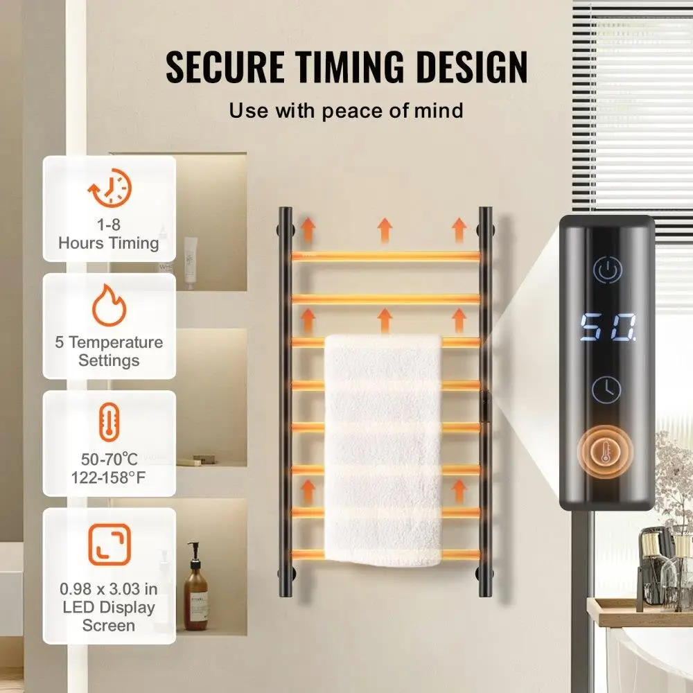 Portasciugamani riscaldato a parete con portasciugamani a 8 barre per bagno nero