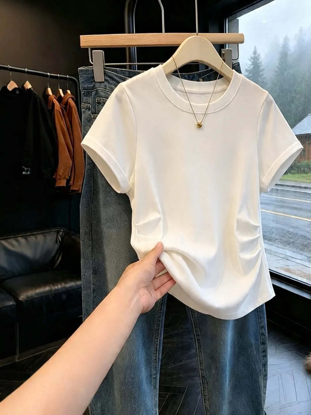 

Sexy Sweet Spicy Girl Short Sleeve U-Neck T-Shirt Women's Design Pure Desire Asymmetrical Top Casual Loose Fit Summer Wear