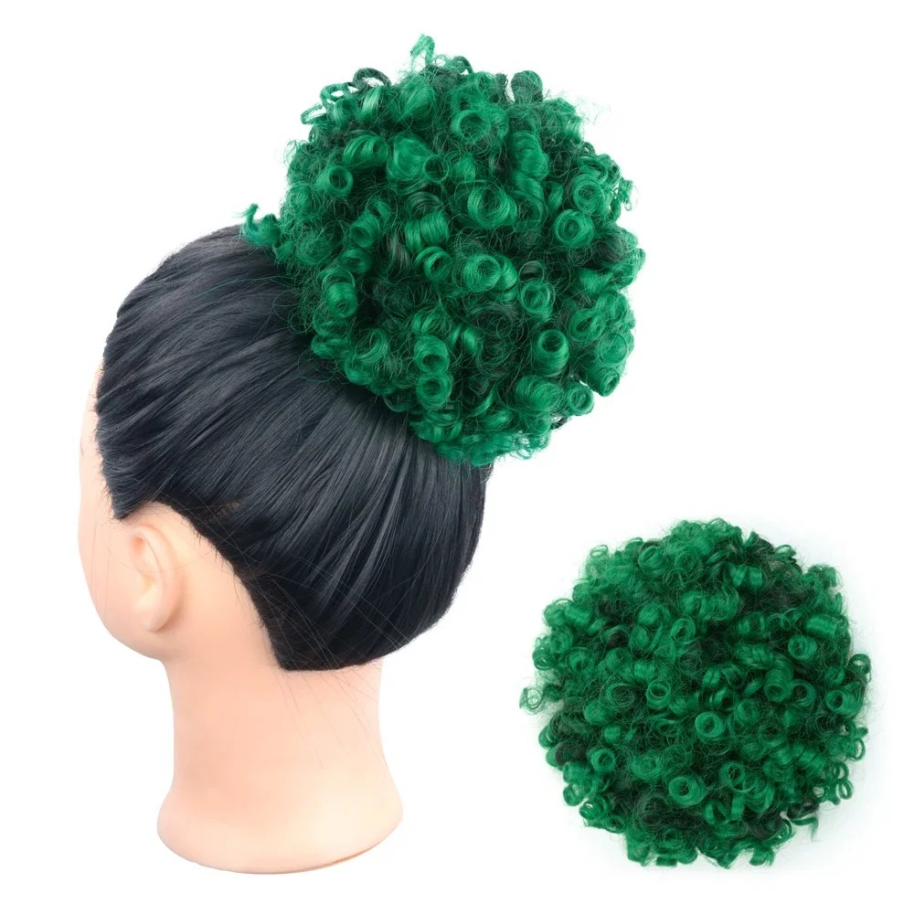 Green Blue Afro Puff Ponytail Extensions Synthetic Drawstring Puff Kinky Wig African Short Afro Kinky Curly Wrap Hair for Women