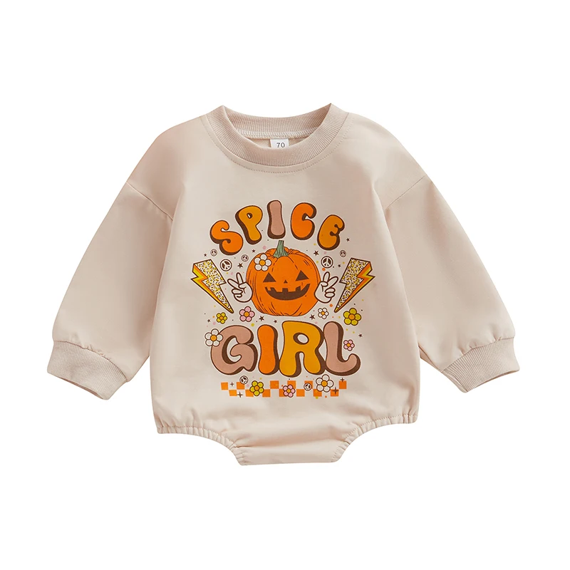 Baby Girls Halloween Crewneck Romper Long Sleeve Pumpkin Letter Print Loose Playsuit