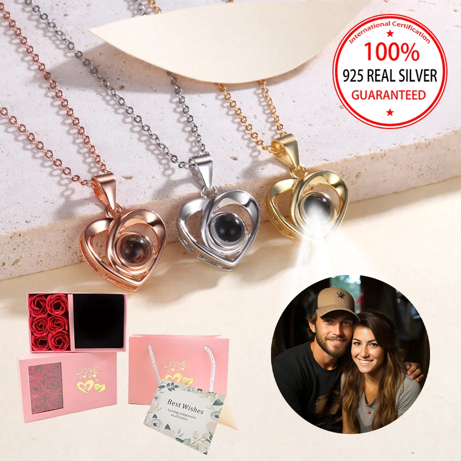 

Ожерелье из стерлингового серебра 925 пробы с проекцией фотографий на заказ и розой, подарочная коробка для женщин, влюбленных, новые ювелирные изделия, персонализированные подарки