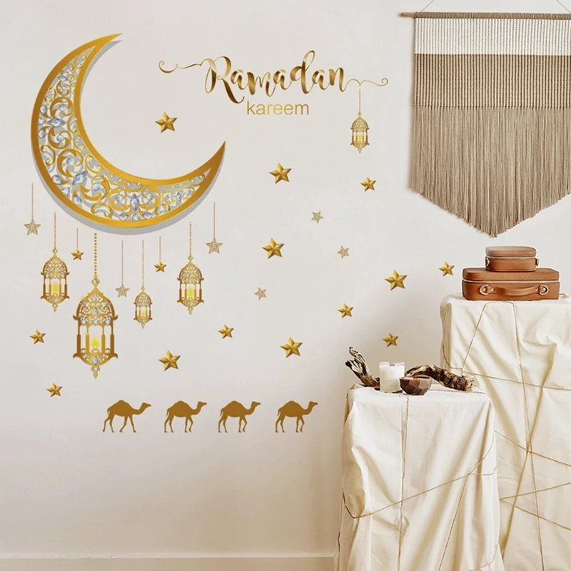 Ramadan Wall Stickers Moon Star Lantern DIY Wall Decal Ramadan Kareem Decoration For Home 2024 Islamic Muslim Mural Eid Mubarak