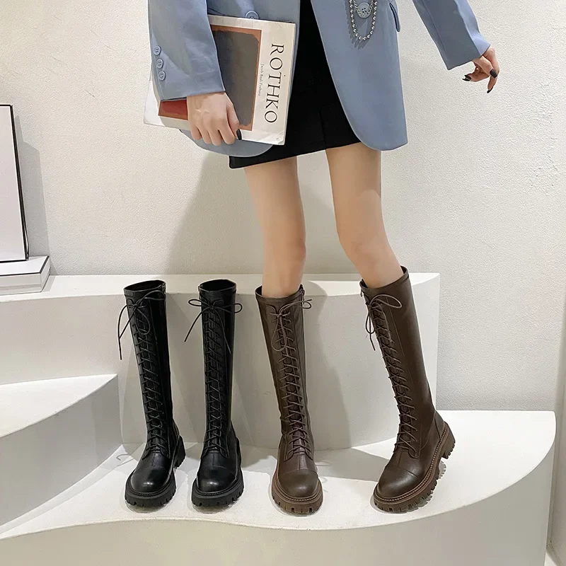 

Women's New High Knee Long Boots Leather Thick Bottom Lace Up Knight Boots Platform Boots Women's Long Boot