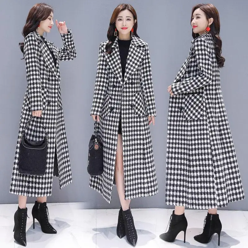

Fashion Spring Plaid Woolen Jacket Ladies Clothing Elegant Slim Temperament Long Outwear Windproof Women Windbreaker Coats XQ309