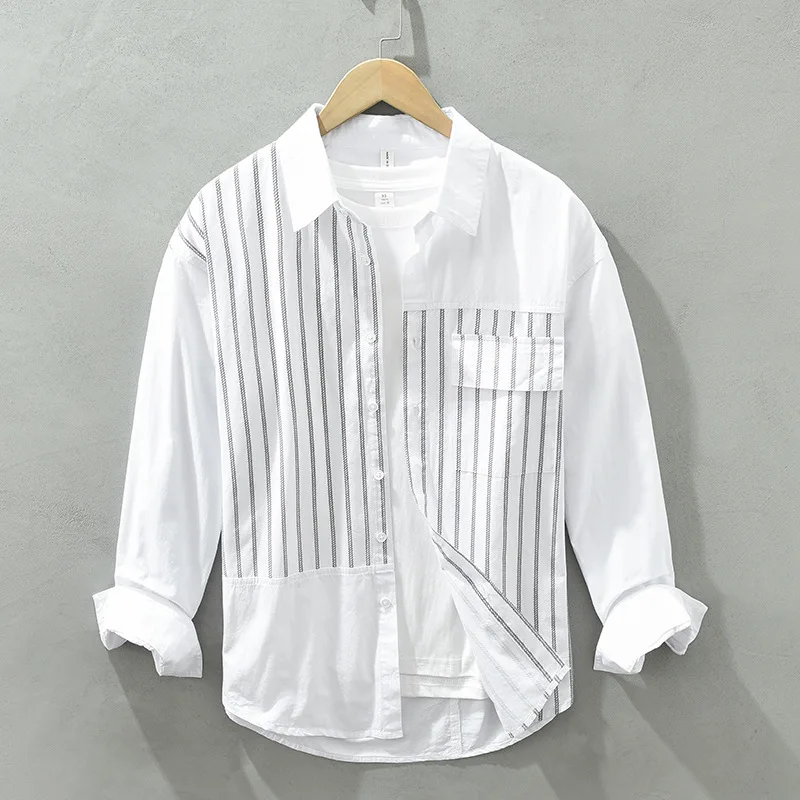 

Faionable Striped Pure Cotton Long Sve irt for Men Spring Autumn Sle Casual Urban Design Collarl Jaet