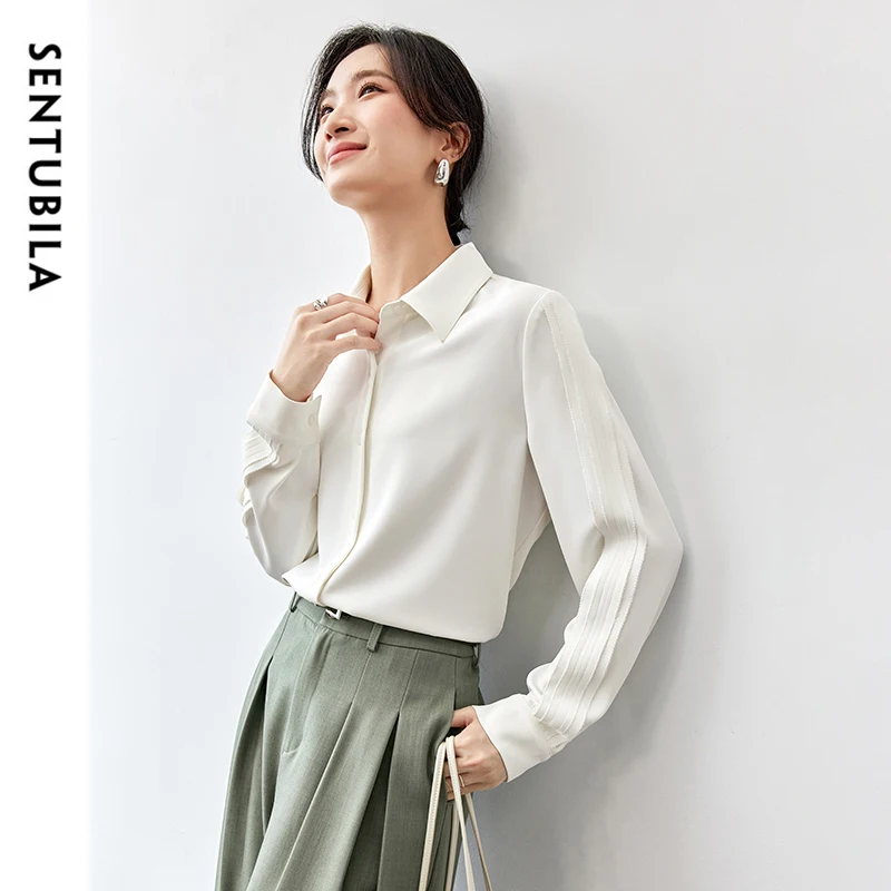 SENTUBILA Office Lady White Shirt for Women 2024 Autumn Slim Fit POLO Neck Folds Long Sleeve Single Breasted Women Top 143C56816