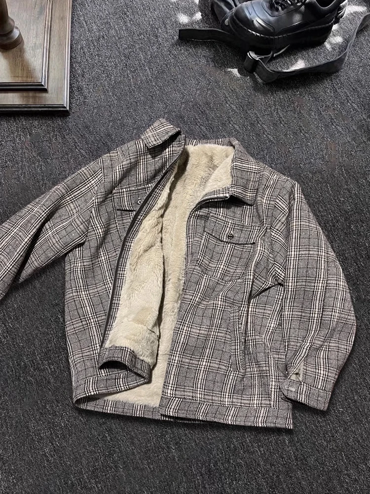 سترة قطنية قصيرة سميكة للرجال لفصل الشتاء من سوكشر، معطف صوفي مقاوم للثعالب بنقشة مربعات، دافئ ومبطن بألياف البوليستر