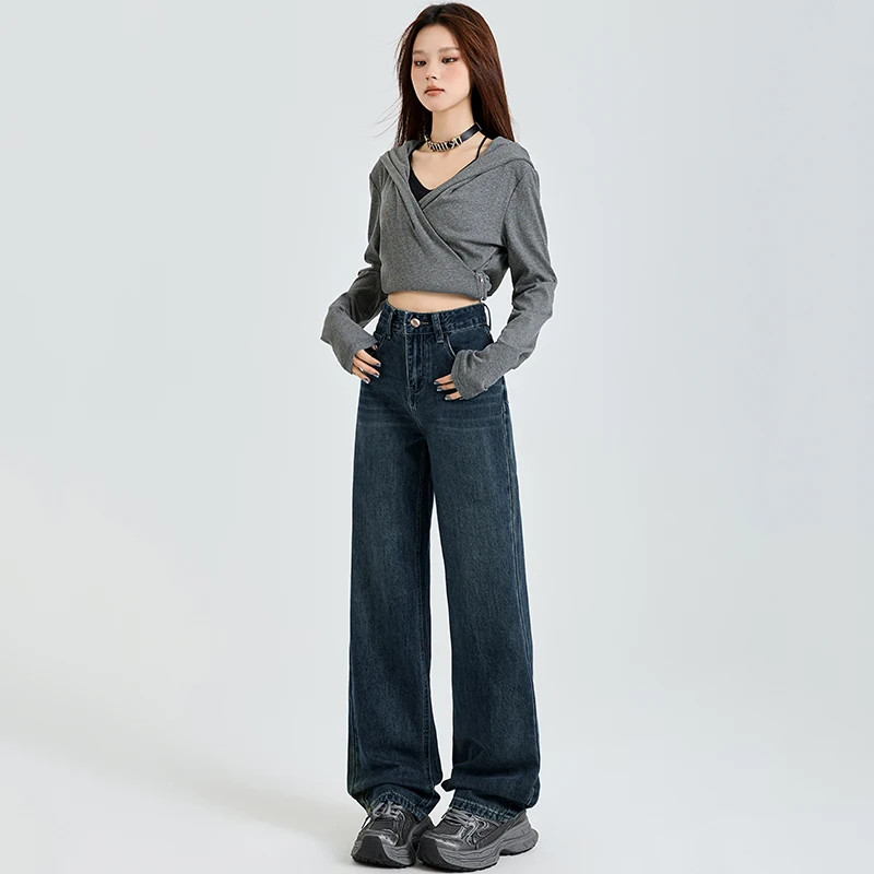 Womens Jeans Straight Tube Look Thinner Leisure Baggy Denim Pants High Waist Vintage Blue Streetwear Y2K American Style Wide Leg