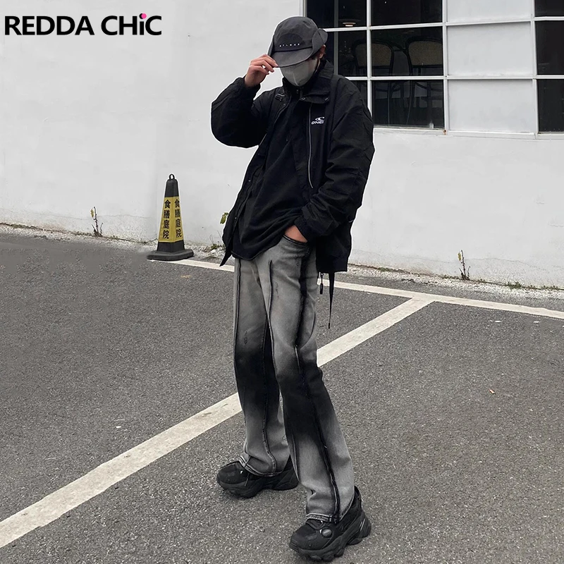 

REDDACHiC Dirty Wash Pintuck Baggy Jeans Men Ombre Raw Hem Low Rise Straight Wide Leg Pants Hiphop Trousers Retro Y2k Streetwear