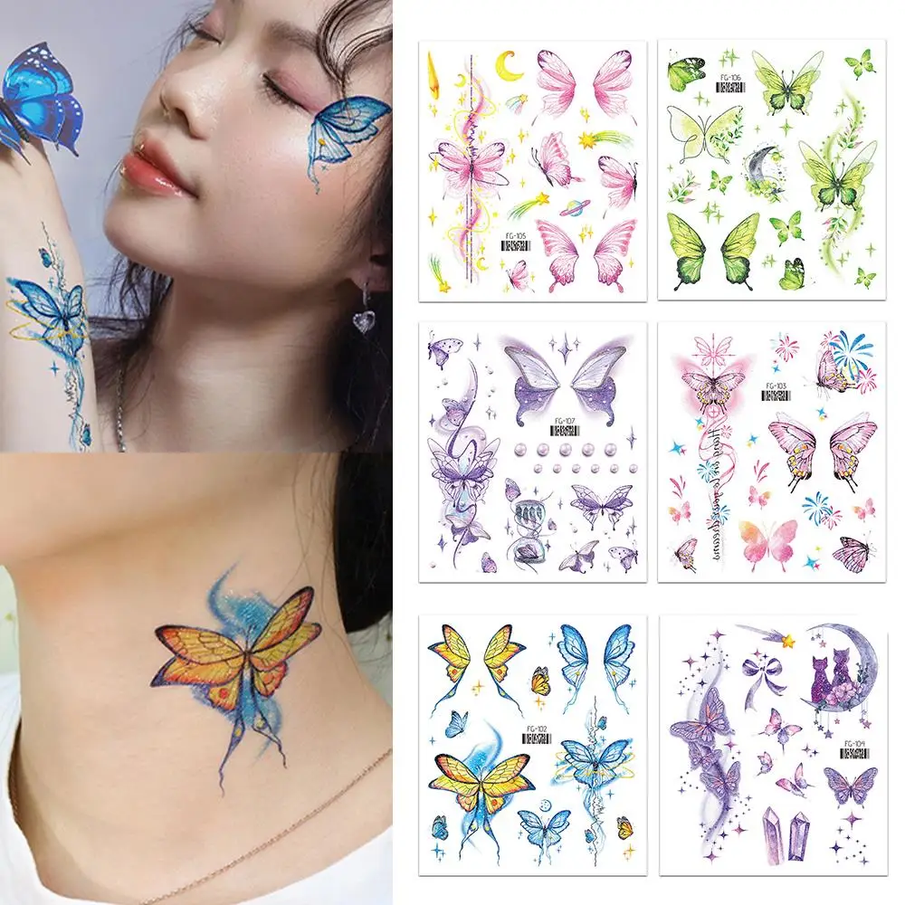 Disposable Watercolor Floral  Butterfly Sticker For Women Kids Waterproof Face Body Arm Art Temporary Tattoo For Festival Party