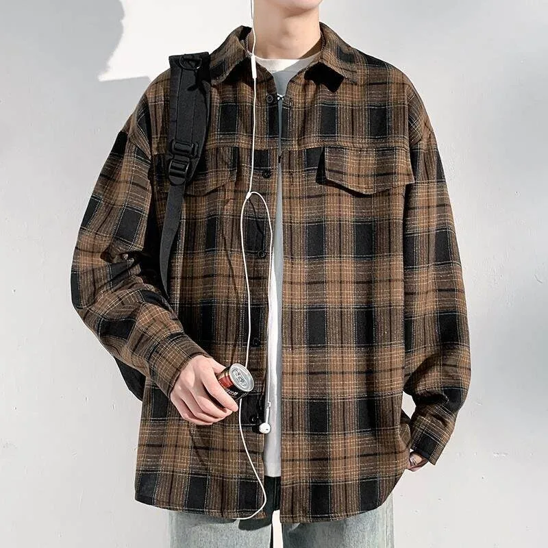 

2025 New Retro Hong Kong Plaid Shirt - Unisex Loose Fit Long Sleeve M-5XL Long-sleeved Shirt for Everyday Youth