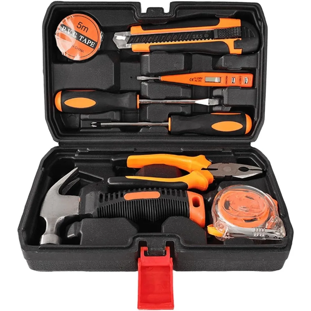 

Home DIY Tool Set Kit Repair Hand Tools Set 9 Piece Essential Toolkit Includes Storage Box Carbon Steel Construction Rubber Grip