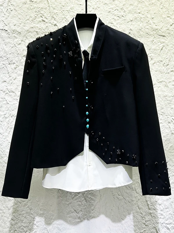 

Spring New Heavy Embellied Diamond ort Jaet Men's Luxury Faion Trend Design Fraance Sle Outerwear V-Ne Polyeste...