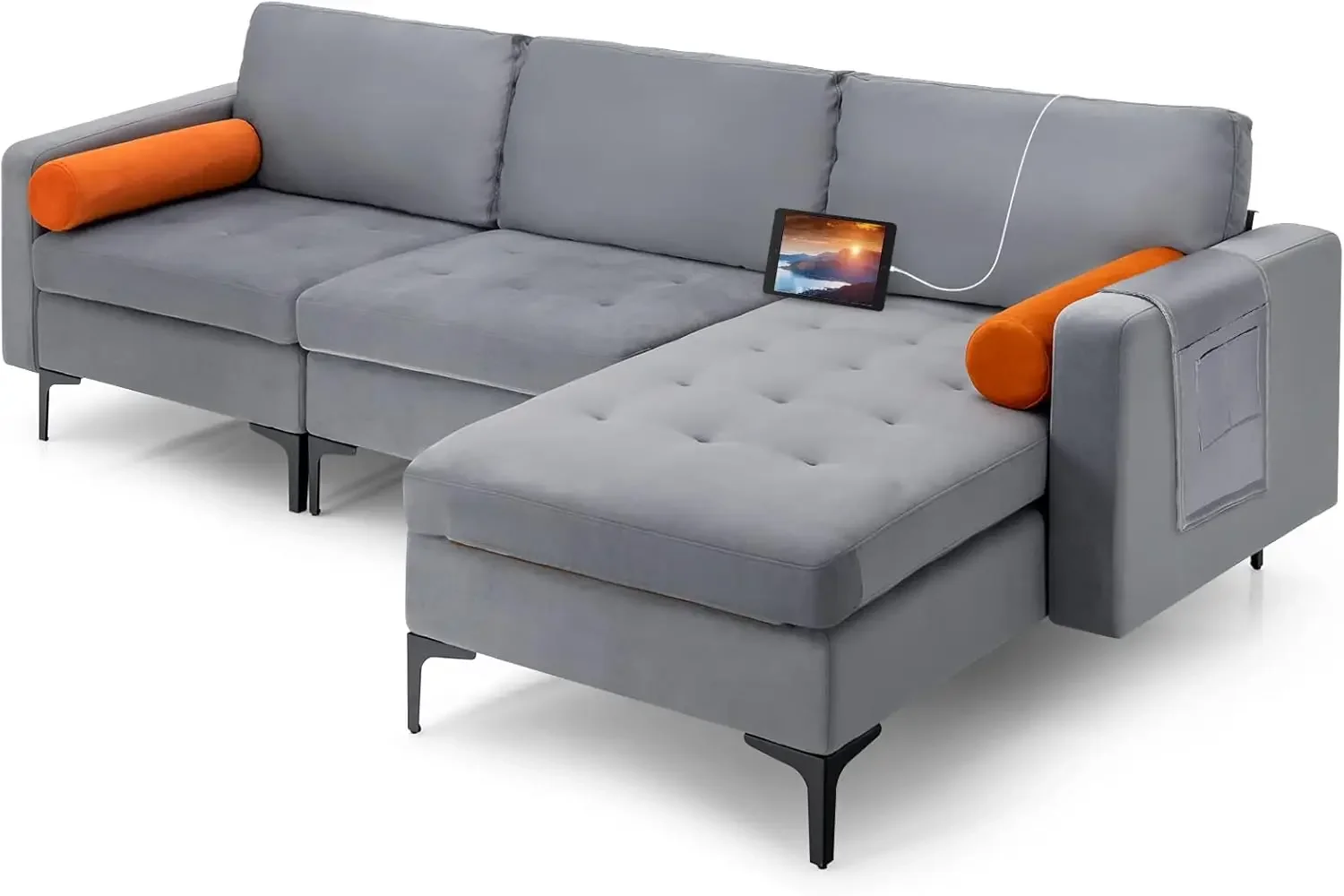 3 Seat Sectional Sofa Set,L-Shaped Modular Sleeper with Convertible Chaise Lounge,USB Ports,3-Hole Socket,Storage Box,2 Bolsters