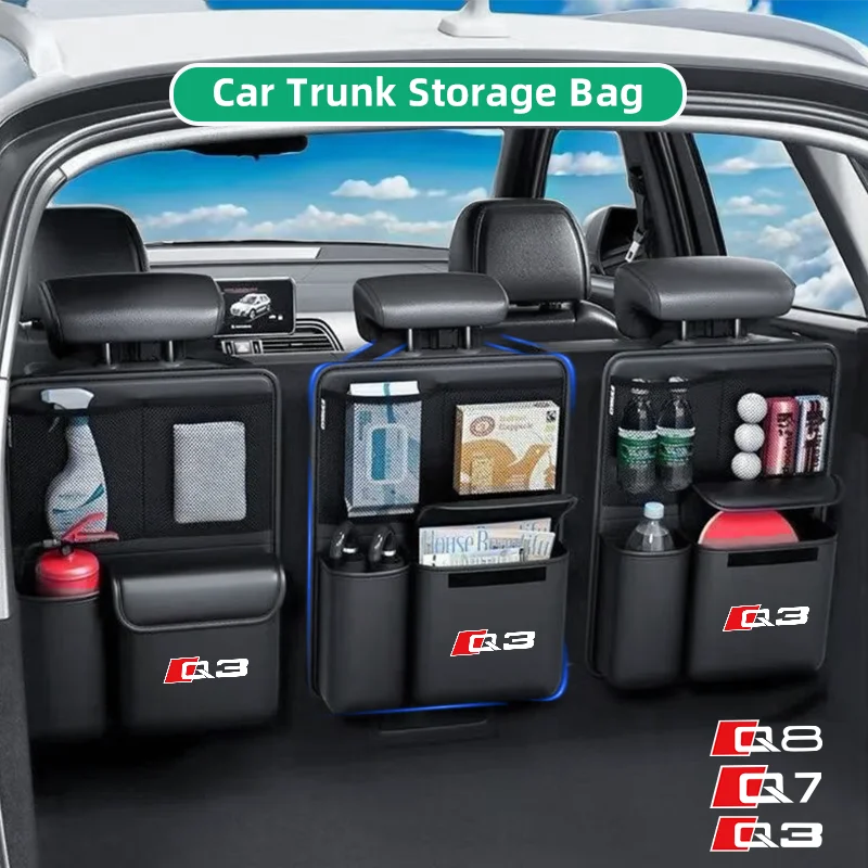 

1pcs Car Trunk Storage Bag Leather SUV Seat Back Hanging Tools Organizer Multifunctional Storage Pocket for Audi Q3 Q7 Q8 Truck