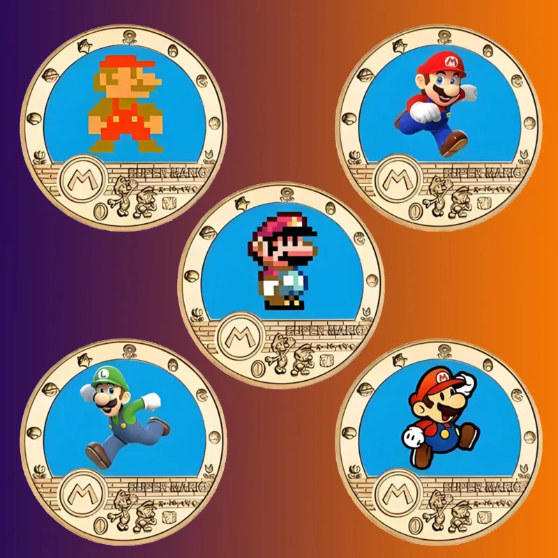 1/5 piezas Monedas Conmemorativas de Metal de Super Mario Bros, Artesanía Metálica Conmemorativa con Sets de Regalo, Juguetes para Niños, Monedas Periféricas de Anime