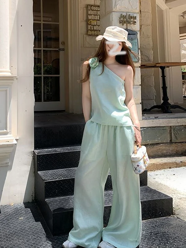 

Зеленый комплект: женский стильный летний модный костюм из двух предметов с широкими брюками, универсальный, с коротким рукавом, круглым вырезом, для повседневной носки