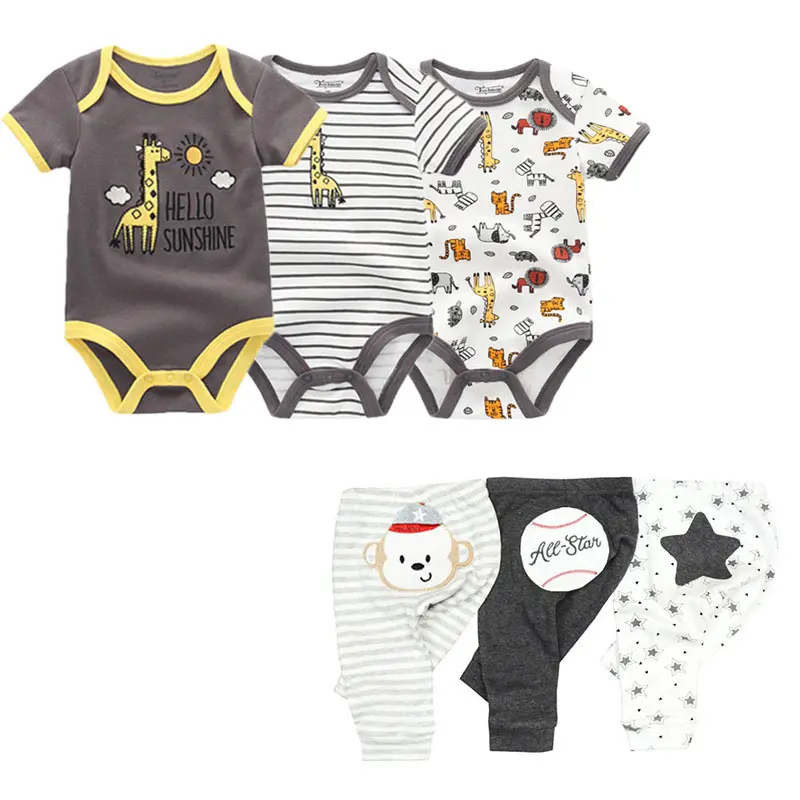 Fetchmous 6Pcs/lot Bodysuits and Pants  Four Seasons Cartoon Newborn Baby Boy Girl Bodysuits Baby Pants Soft Baby Clothes