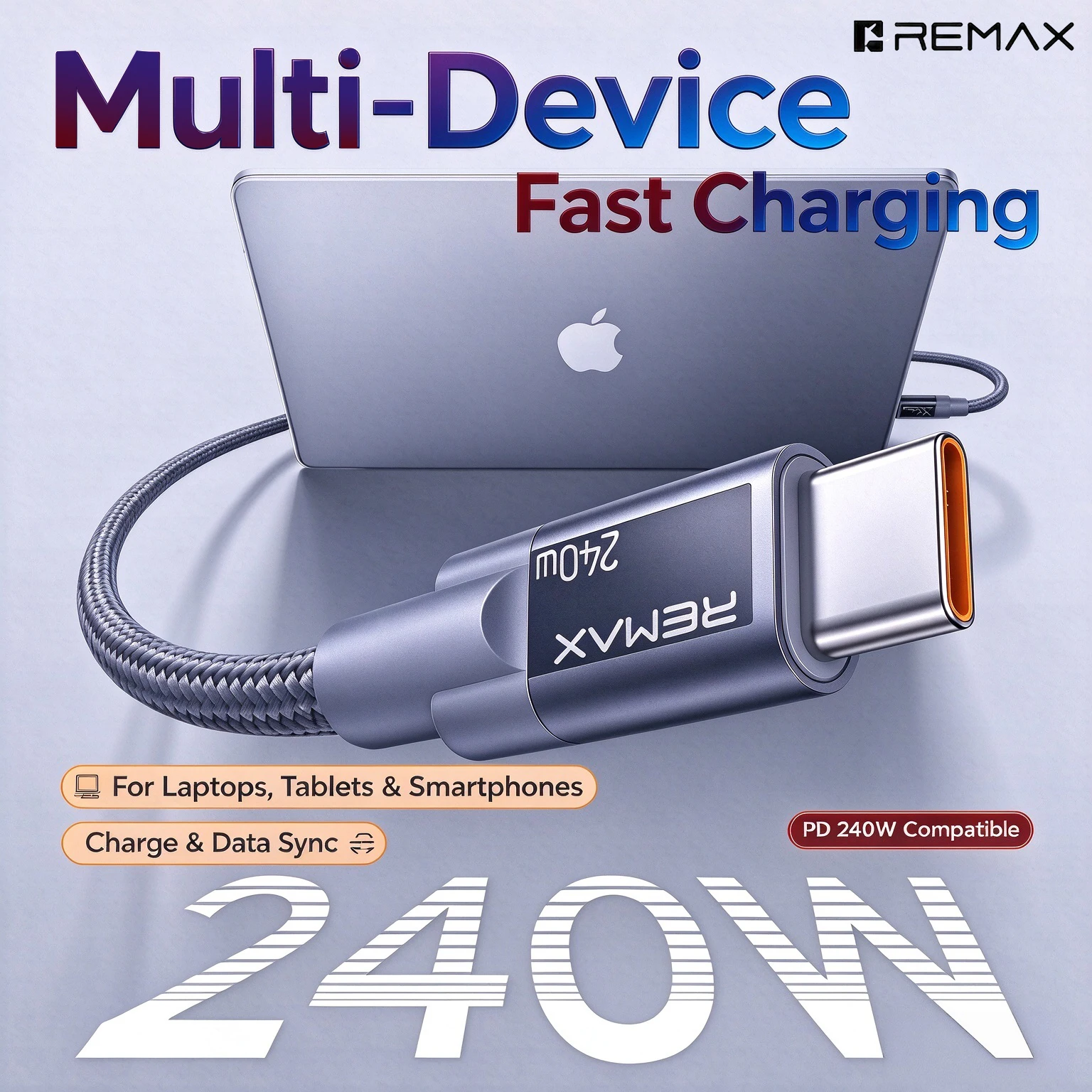 REMEX 240W USB C to C Cable PD3.1 E-Marker 5A Fast Charging Braided Type C Cord For MacBook iPad Samsung iPhone Laptop 1.2M