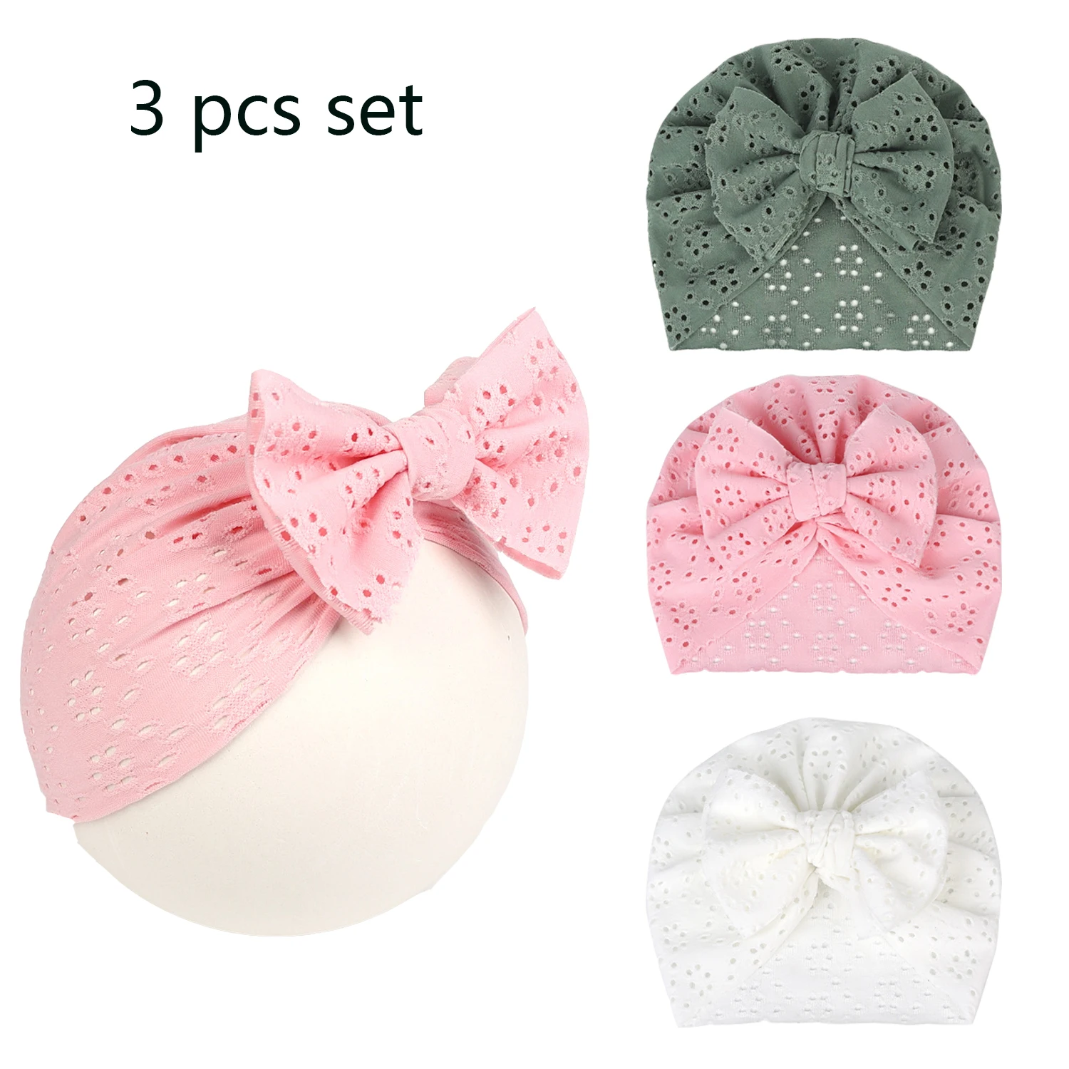 Newborn hat set of three, white green powder set of three, breathable, beautiful and cute newborn hair accessories