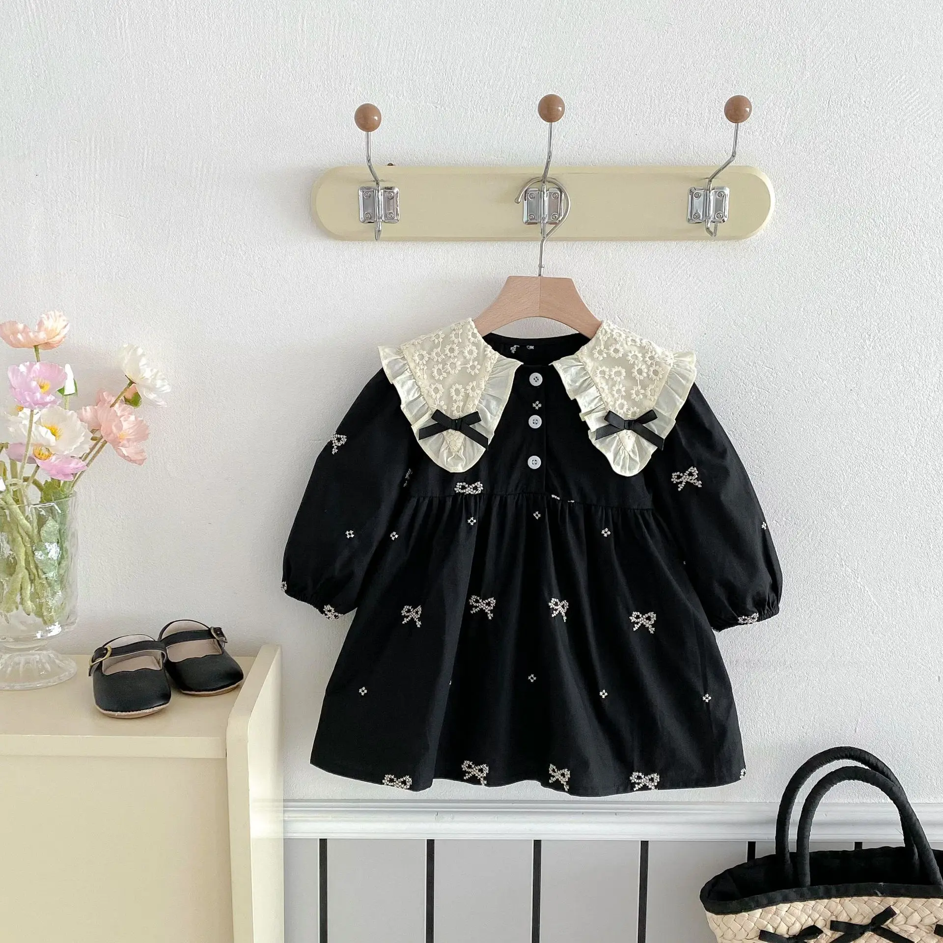 

2026 Spring New Children Long Sleeve Dress Kids Girls Bow Embroidery Lapel Dress Cotton Baby Girl Princess Dress Toddler Clothes