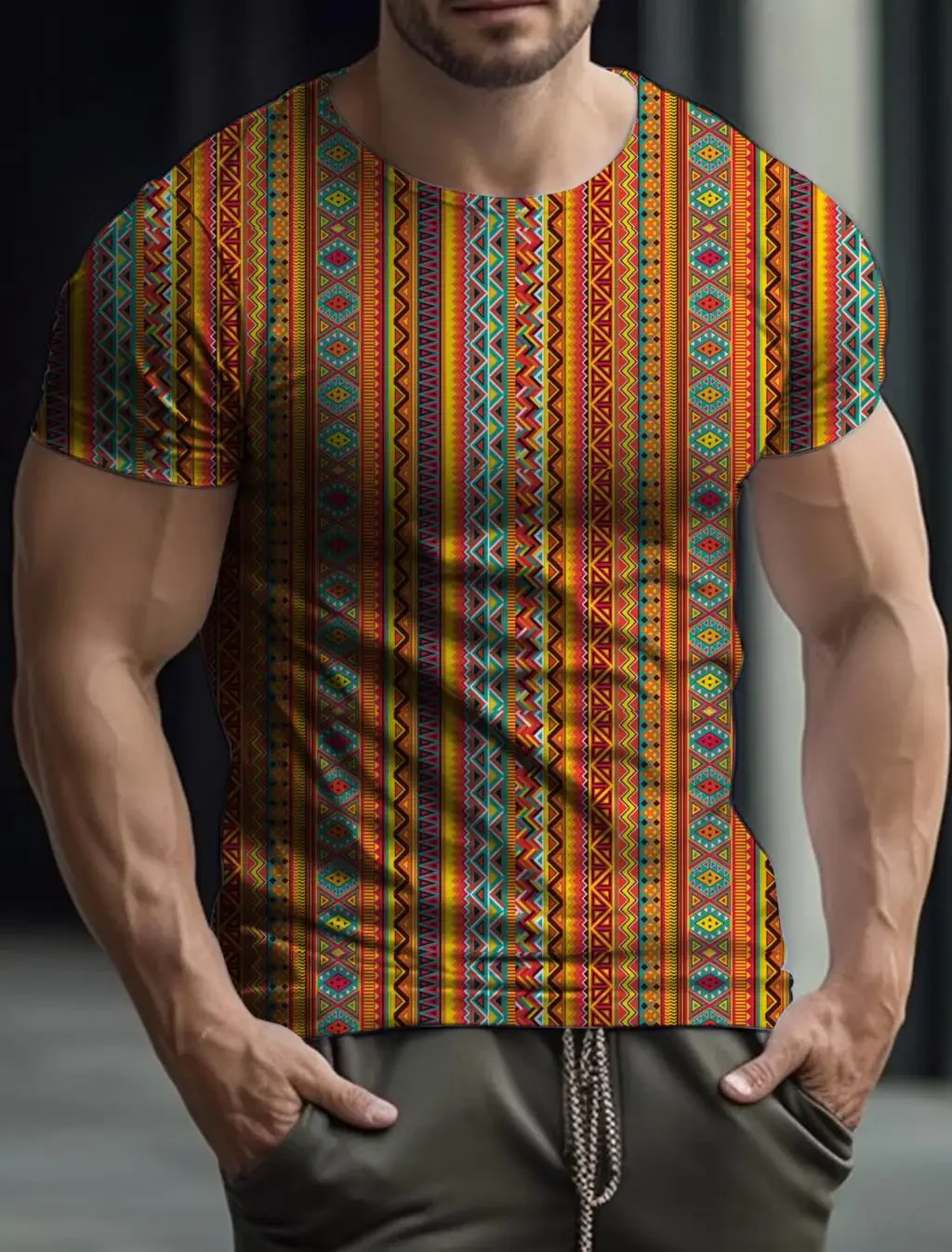 

Men's summer classic ethnic style graphic print 3D t-shirt, casual fashion statement crew neck short sleeve streetwear top