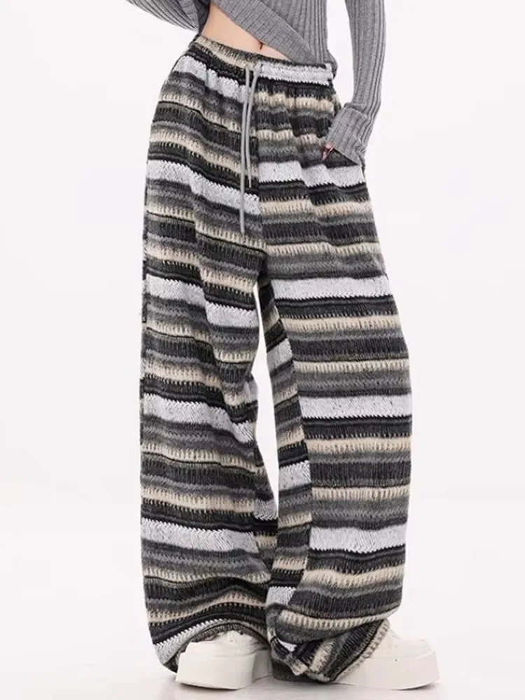 Y2k Casual Striped Pants Women Autumn Winter New Elastic Waist Contrast Color Long Trousers Harajuku Vintage Streetwear